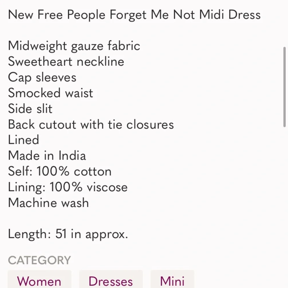 Free People Cotton Lined Gauzy forget me not Open Back Side Slit Midi EUC DRESS - Picture 8 of 8